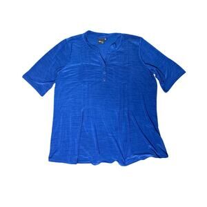 Elie McCarthy Women’s 1X Short Sleeve Henley Blouse Dark Blue Flowy Top